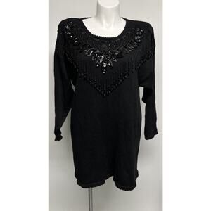 Vintage 80s Sweater Dress Black Tunic 20W Beaded Whimisgoth 1980s Glam Deadstock
